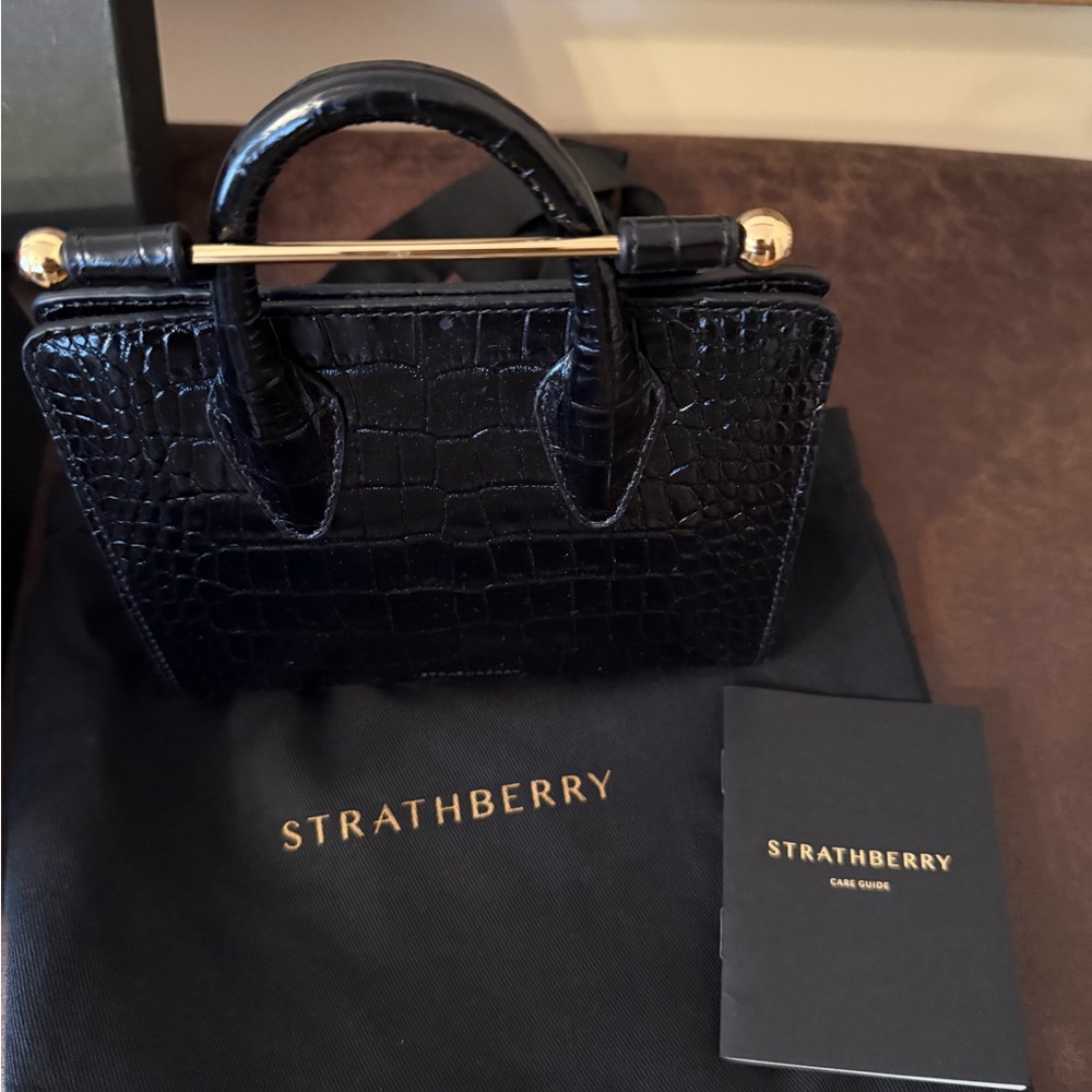 Strathberry Black Nano Tote with Gold Accents